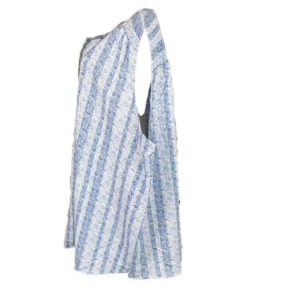 Woman Within +34/36 Blue Floral Split Neck Shirred Linen Blend Sleeveless Top - Picture 5 of 6